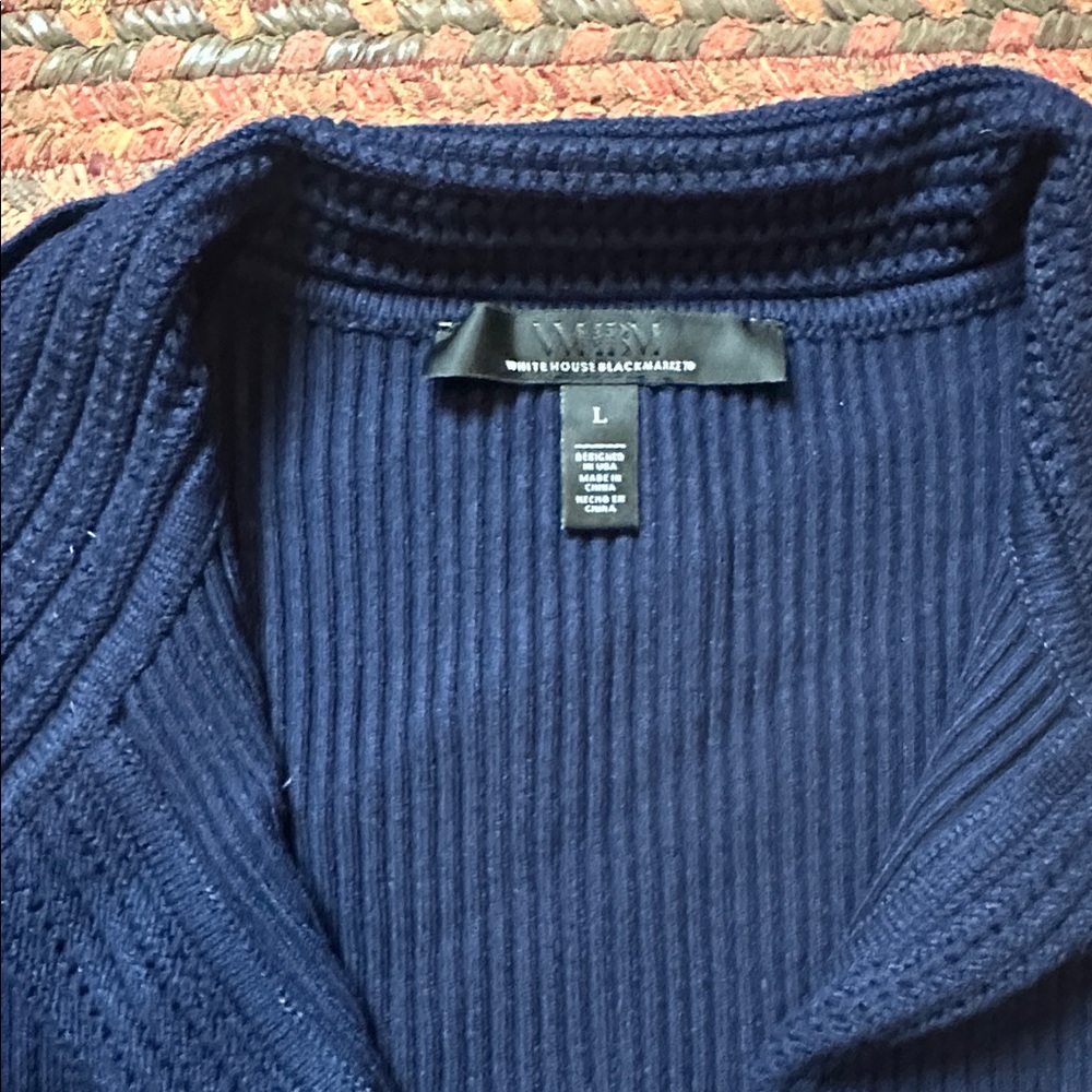 WHBM NAVY KNIT COLLARED HALF SLEEVE BUSINESS PREPPY BLOUSE - Picture 2 of 4